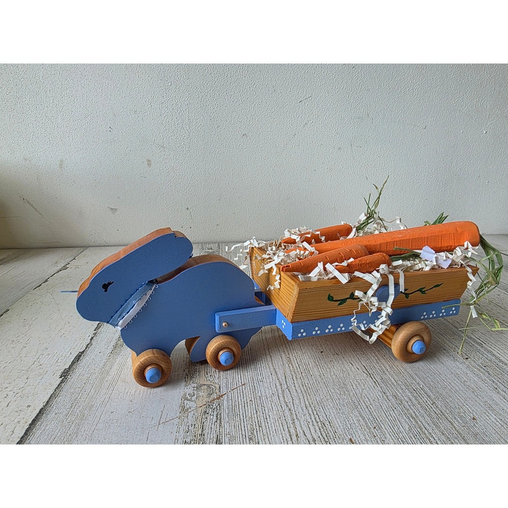 Vintage wooden blue bunny cart carrot Easter rabbit spring decor rolling country